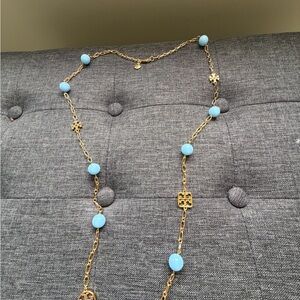 Tory Burch - Long Gold-Tone Necklace with Turquoise Blue Beads and TB Logos